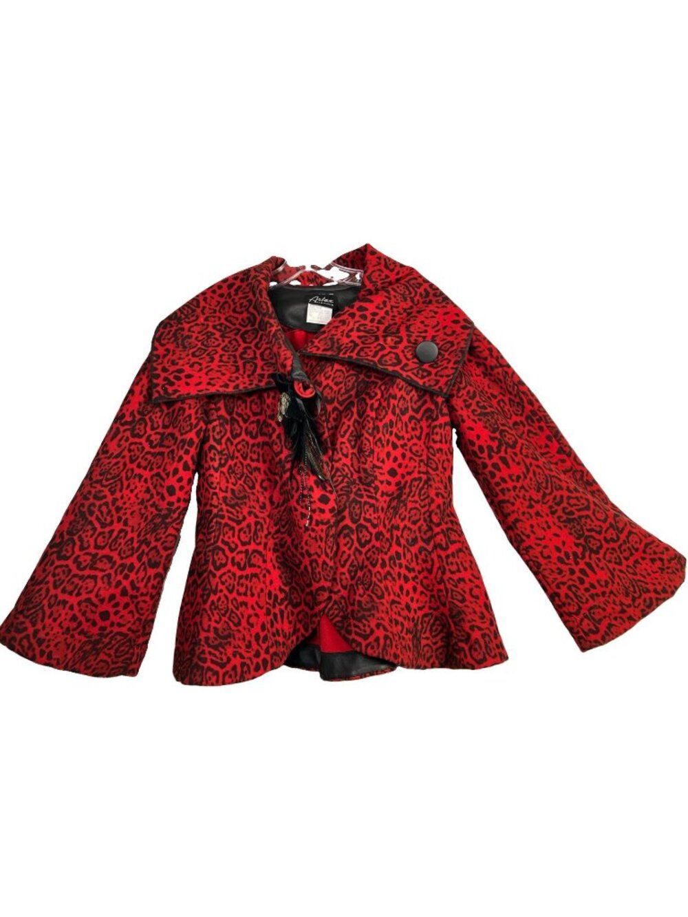S Y2k - 2010s Artex Red Leopard Wide Sleeve Shawl Collar Crop Jacket